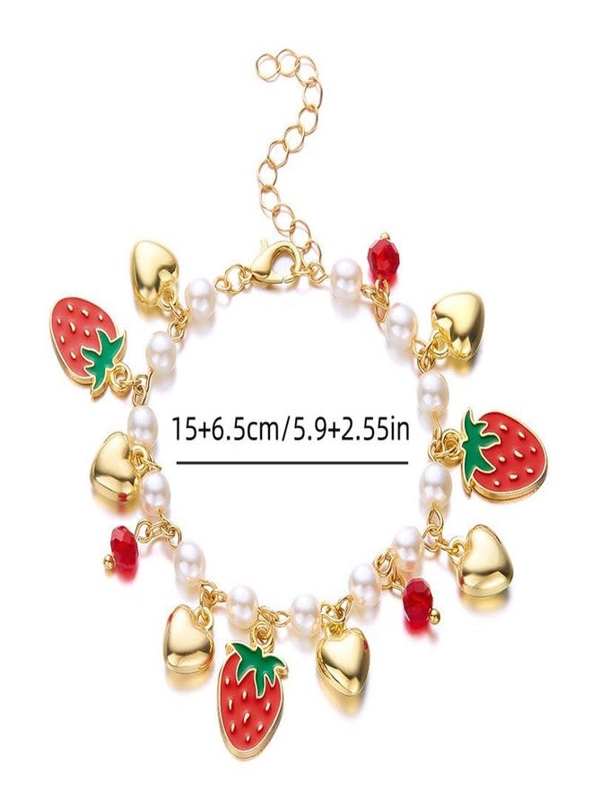 LOTSOF 18K Gold Plated Strawberry Cherry Heart Pearl Bracelet for Women Cute Fruit Adjustable Bracelets Christmas Holiday Birthday Gift Jewelry for Women (Strawberry) - Image 5